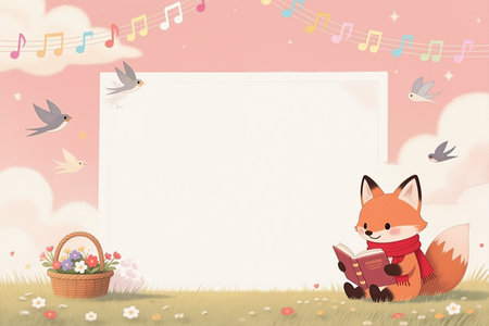 A cartoon fox with orange fur and a red scarf sits on grass, reading a brown book. A basket of flowers and birds flying in the pink sky with musical notes and clouds are in the background.の素材