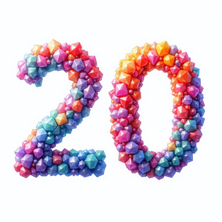 The number 20 is made up of multicolored gemstones on a white background, perfect for a birthday card illustration, sparkling with vibrant colors.の素材