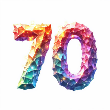 The number 70 is a colorful, geometric illustration on a white background, perfect for a birthday card, featuring rainbow hues and sparkling lights.の素材