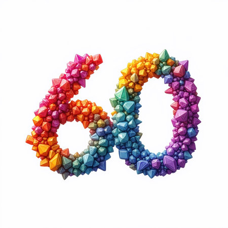 The number 60 is made up of multicolored gemstones on a white background, creating a festive birthday illustration.の素材