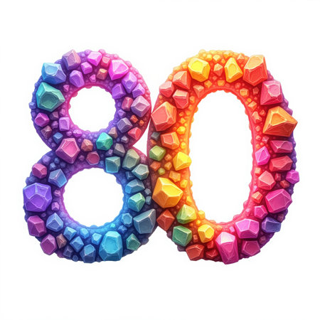 The number 80 is depicted with colorful gemstones on a white background, making it a vibrant illustration for a birthday card.の素材