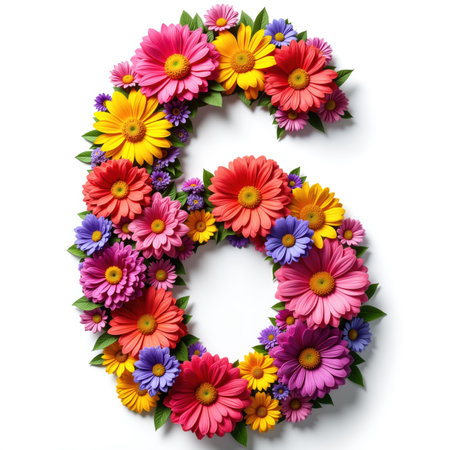 The number 6 is beautifully crafted with an assortment of vibrant flowers in shades of pink, yellow, and purple, arranged on a white background, making it a lovely illustration for a birthday card.の素材