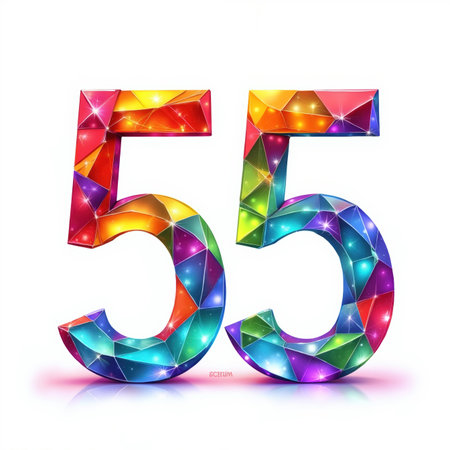 The number 55 is depicted in a vibrant, multi-colored, faceted style, giving it a sparkling appearance on a white background, making it a fitting illustration for a 55th birthday card.の素材