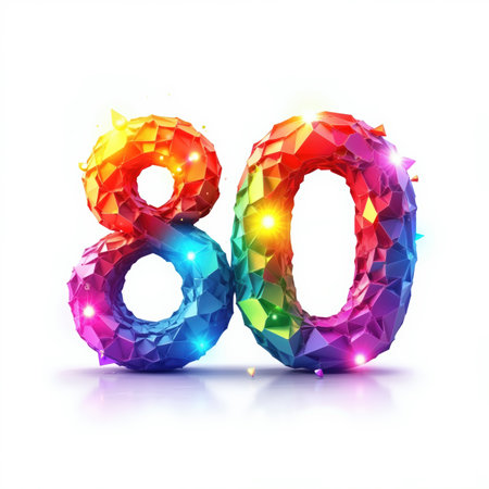 The number 80 is a vibrant, multicolored, faceted illustration on a white background, perfect for a birthday card, shining with bright lights.の素材