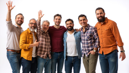 A diverse group of men standing together, smiling and waving, showing camaraderie and joy.の素材