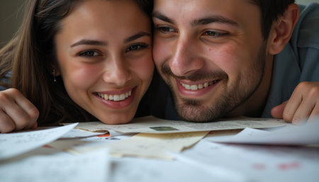 A joyful couple lying down, smiling as they look at a map or brochure.の素材