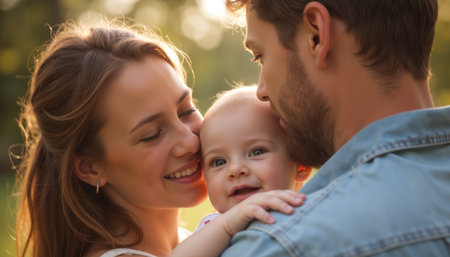 A heartwarming moment of a family enjoying nature, with a baby held lovingly by parents.の素材