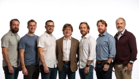 Seven men standing side by side, smiling, and dressed in casual and business casual attire.の素材