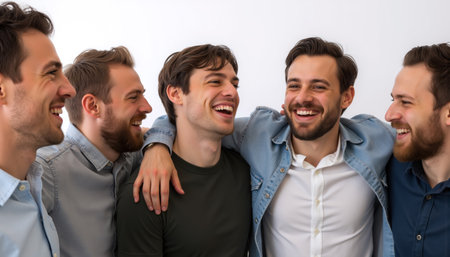 A group of joyful men sharing laughs and smiles, enjoying each other's company in a friendly setting.の素材