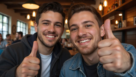Two cheerful men are smiling and giving thumbs up while sitting in a cozy, well-lit cafe.の素材