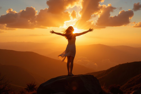 A person stands with open arms on a rocky hilltop, embracing the serene sunrise over rolling mountains.の素材