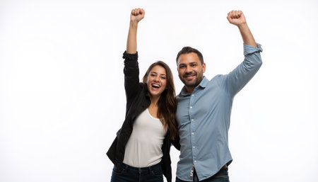 A man and a woman joyfully raise their arms in celebration, wearing casual clothes.の素材