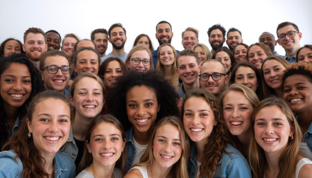 A large, diverse group of people smiling and posing together for a photo.の素材