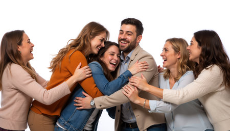 A joyful group of friends sharing a warm, affectionate group hug, smiling and laughing together in a bright, cheerful setting.の素材