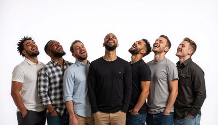 Seven men standing together, heartily laughing, looking upwards with joy.の素材