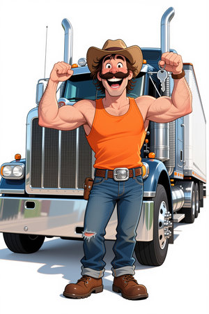 A cartoon man with a cowboy hat, orange tank top, and ripped jeans stands confidently in front of a large blue truck, holding up a set of keys against a white background.の素材