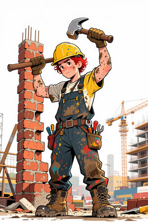 A young builder in a yellow hard hat and overalls stands triumphantly with a hammer, beside a brick column, with a construction site and cranes in the background.の素材