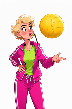 A blonde cartoon woman in pink tracksuit and green shirt blows a whistle, pointing at a yellow volleyball on a white background.の素材