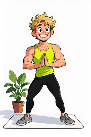 A cartoon man with blonde hair and a green tank top is standing on a yoga mat with his hands together in a prayer-like gesture, next to a potted plant, on a white background.の素材
