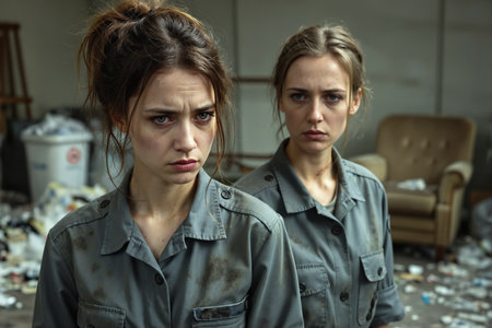 Two women, likely janitors or cleaners, stand in a cluttered room with dirty uniforms, frowning, amidst trash and a worn armchair.の素材