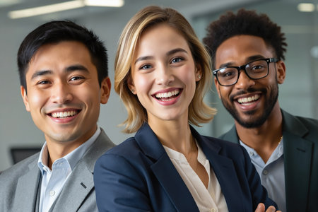 Three diverse professionals, likely colleagues, stand together in a modern office setting, smiling.の素材
