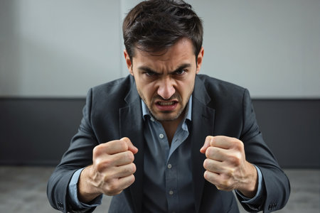 A businessman in a dark suit and blue shirt is standing in an office, fists clenched and face contorted in anger.の素材