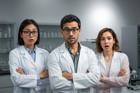 Three scientists, two women and one man, in a laboratory setting, wearing lab coats and glasses, with a surprised expression.の素材