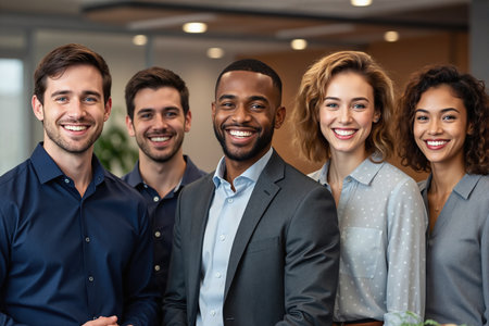Five young professionals, diverse in ethnicity and gender, stand together in a modern office, smiling and dressed in business casual attire, likely colleagues or team members.の素材