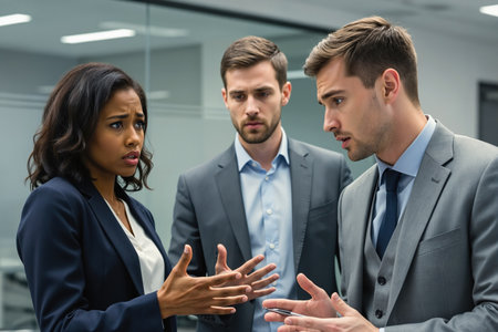 Three professionals, a woman and two men, in business attire, engaged in a discussion, likely in a corporate office.の素材