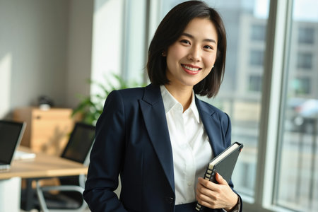 Young Asian woman in business attire holding tablet in modern office setting.の素材