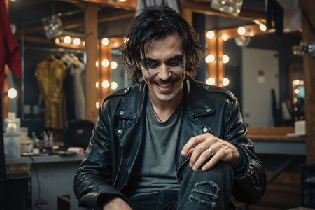 A man dressed as the Joker sits in a dressing room, wearing a black leather jacket and gray shirt, with dark eye makeup and messy hair, surrounded by mirrors and lights.の素材