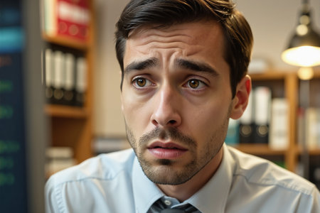 Man in white shirt and tie, worried expression, office setting with blurred bookshelves.の素材