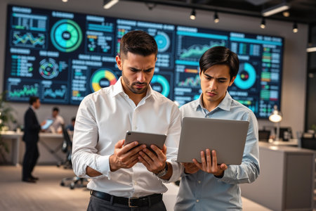 Two professionals, likely data analysts or financial experts, examine data on a tablet and laptop in a contemporary office setting with large screens displaying various charts and graphs.の素材