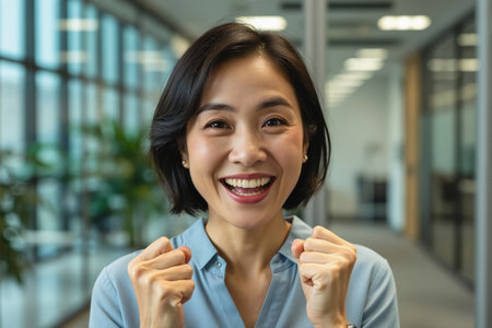 Young Asian woman celebrating in a modern office space with a blurred background and glass walls.の素材