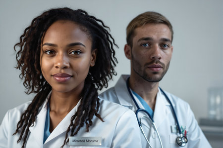 Two doctors, a woman with dreadlocks and a man, stand in a medical setting, wearing white lab coats and stethoscopes, indicating their profession as healthcare providers.の素材