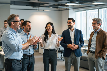 Group of professionals in an office setting, celebrating and laughing together, likely after a successful meeting or project.の素材