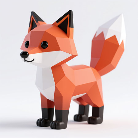 A low-poly fox symbolizing cunning and adaptability, with a minimalist background and vibrant orange hue, represents cleverness and playfulness in a modern art style.の素材
