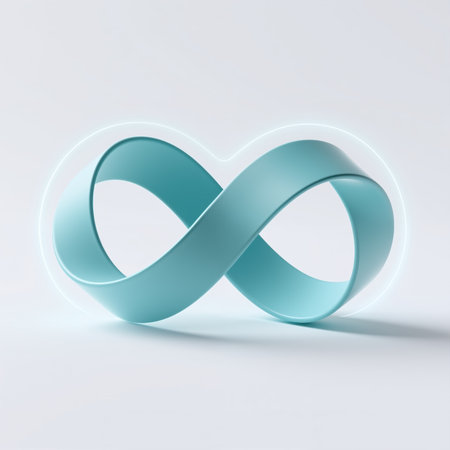 A minimalist illustration of a teal infinity symbol on a white background, symbolizing eternity and limitless possibilities, with a soft glow effect.の素材