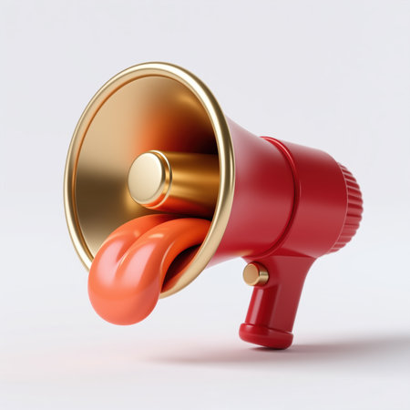A shiny red megaphone with gold interior and a tongue sticking out, symbolizing loud, bold, and playful communication or announcement, on a white background.の素材
