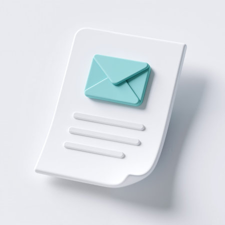 Minimalist illustration of a document with blue envelope on white background, symbolizing email or message, conveying simplicity and clarity in digital communication.の素材