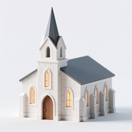 A white church model with a gray roof and steeple, featuring arched windows and a brown door, set against a plain white background, symbolizing serenity and spirituality.の素材