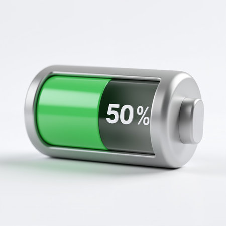A sleek silver battery icon with a green charge level indicator, symbolizing fifty percent power remaining, against a clean white background, representing energy storage.の素材