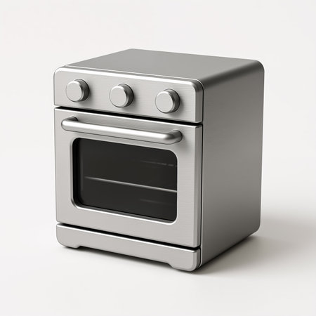 A sleek, silver oven with a minimalist aesthetic, featuring three knobs and a door handle, symbolizing modern cooking technology and efficiency, on a clean white background.の素材