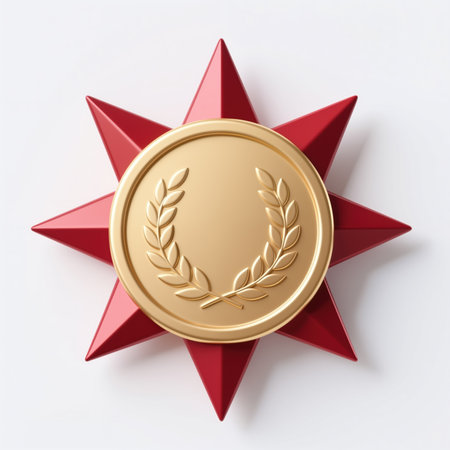 A gold medal with a laurel wreath is centered on a red star, symbolizing excellence and achievement, with a minimalist white background and subtle shadowing.の素材