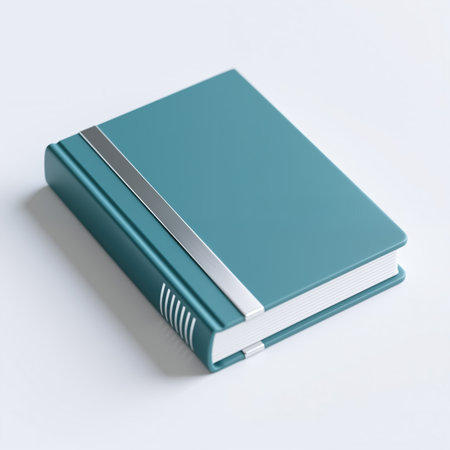 A teal notebook with silver accents, symbolizing organization and minimalism, is set against a clean white background, conveying simplicity and elegance.の素材