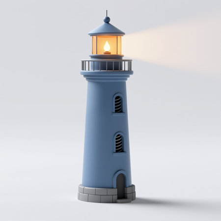 A stylized blue lighthouse with a glowing light, symbolizing guidance and hope, on a gray background, representing safety and navigation.の素材
