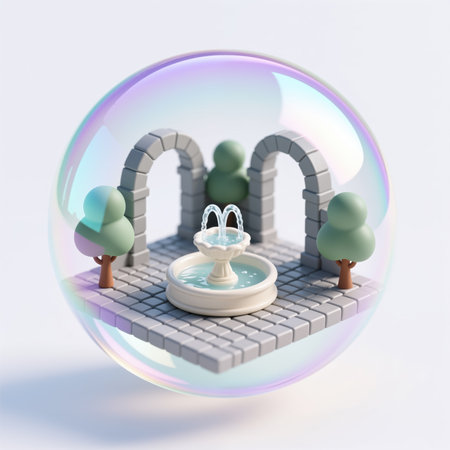 A delicate, dreamlike miniature scene of a fountain and arches enclosed within a translucent bubble, evoking a sense of wonder and tranquility.の素材