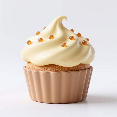 Realistic illustration of a cupcake with beige frosting and golden beads on a white background, symbolizing sweet indulgence and celebration.の素材