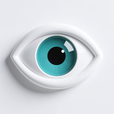 A stylized blue eye with a black pupil, set against a white background. The eyes iris features a gradient of light to dark blue, with radial lines.の素材