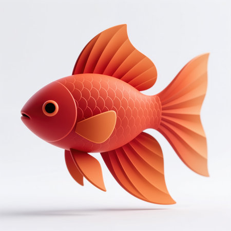 A stylized orange fish with vibrant fins and scales on a clean white background, conveying a sense of playfulness and simplicity. The symbol represents creativity and friendliness.の素材